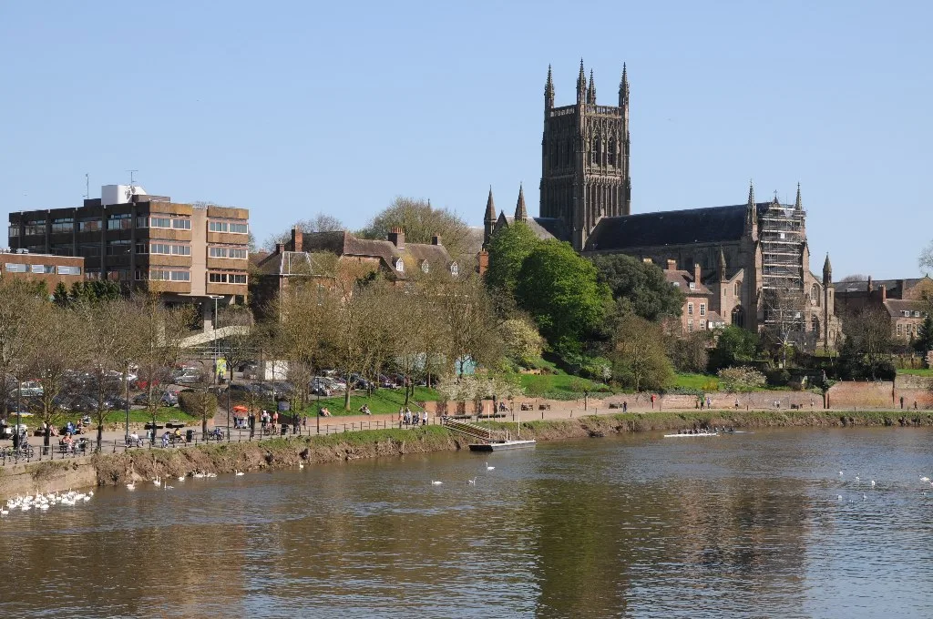 Worcester Cathedral above the Severn. Entry is by a suggested £7 donation; the tower climb is a separate £10
