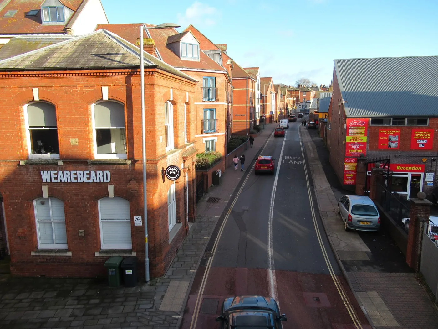 The Butts in Worcester, the road where the city's only remaining breach of the nitrogen dioxide limit was measured. The photograph is a general view of the street and does not show the monitoring tube