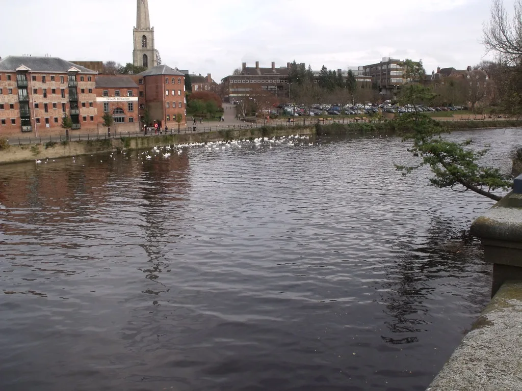 The River Severn seen from the parapet of Worcester Bridge, in an earlier year; Seven Echoes will be projected across the bridge