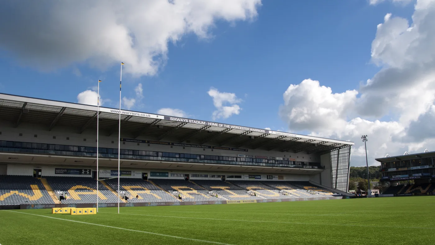 Sixways Stadium on Warriors Way, which ran Worcester's biggest bonfire-season display for more than a decade. Its 2026 events list carries no fireworks date. This is a general view and was not taken at a display